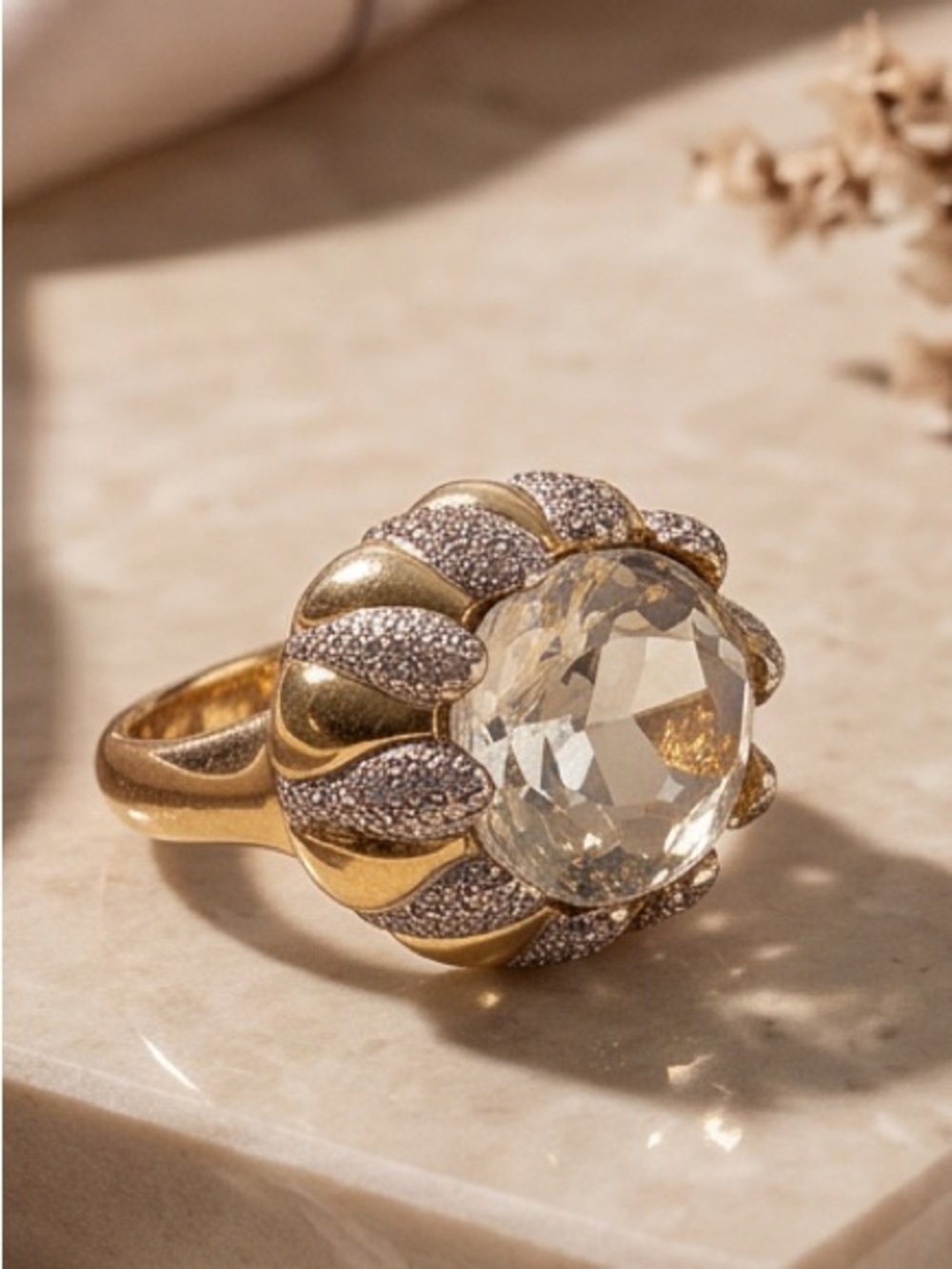 Vintage-Inspired Gold Crystal Cocktail Ring